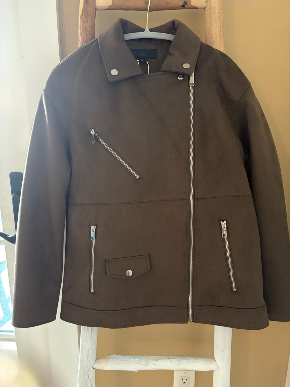 Zara Dark Brown Asymmetric Leather Moto Jacket